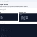 PHP arrays demo page showing indexed associative and multidimensional array examples