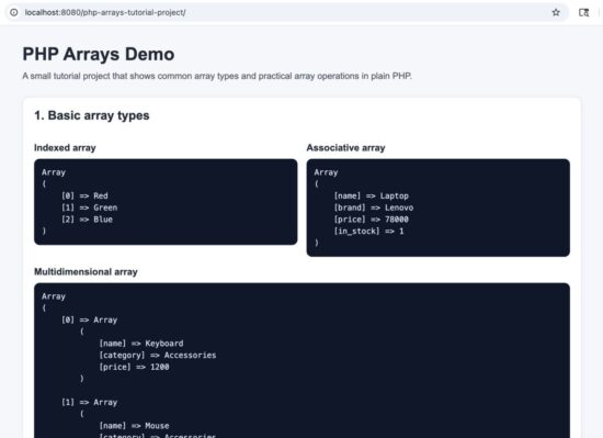 PHP arrays demo page showing indexed associative and multidimensional array examples