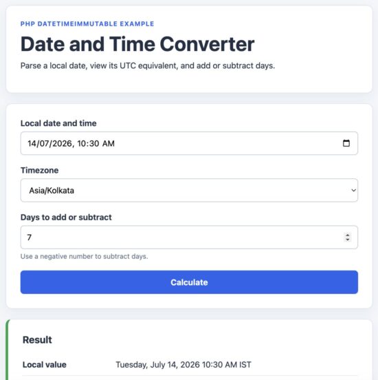 PHP DateTimeImmutable converter showing local time, UTC, Unix timestamp, and adjusted date