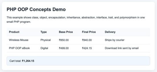 PHP OOP concepts demo output page