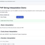 PHP string interpolation demo page showing double quotes, curly braces, arrays, objects, heredoc, and concatenation examples