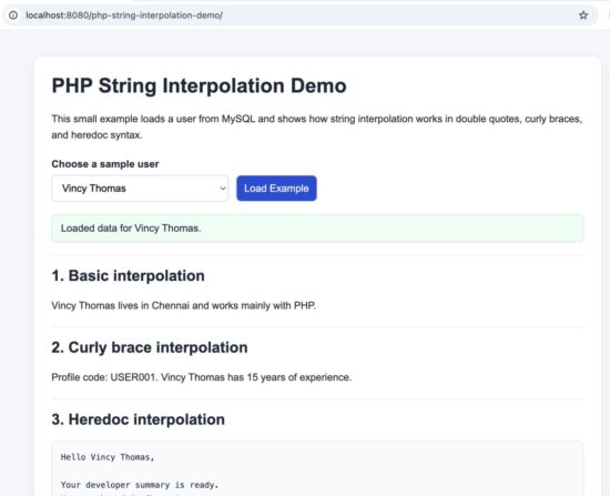 PHP string interpolation demo page showing double quotes, curly braces, arrays, objects, heredoc, and concatenation examples