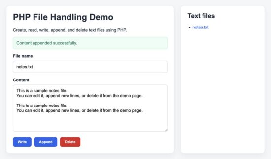 PHP file handling example showing text written into a file