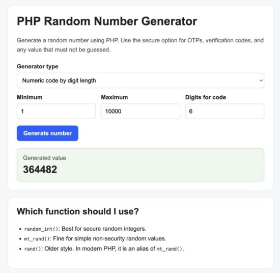 PHP random number generator form with secure, OTP, and mt_rand modes