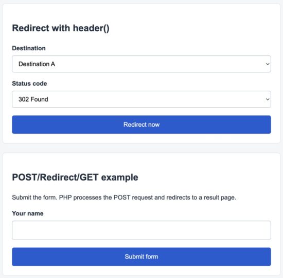 PHP redirect demo showing redirect options and form submission example