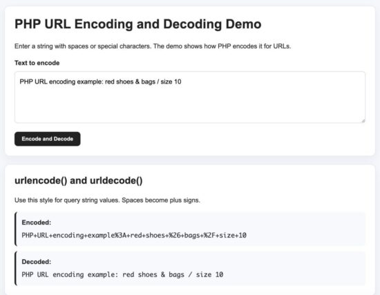 PHP URL encoding and decoding example output in browser