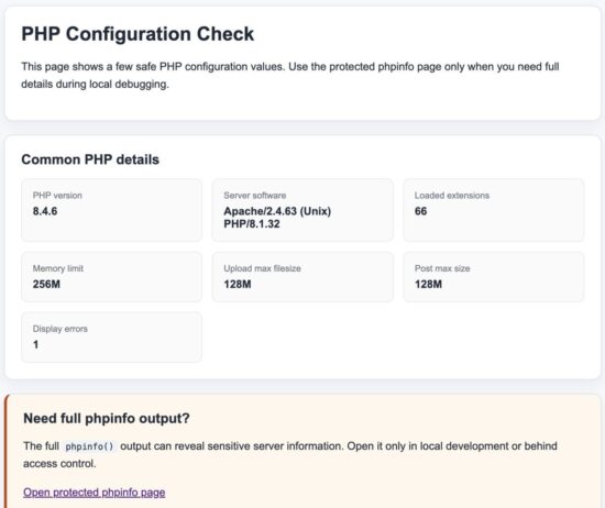 PHP phpinfo output showing version and configuration information