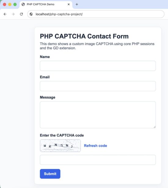 PHP contact form with custom CAPTCHA image and refresh link