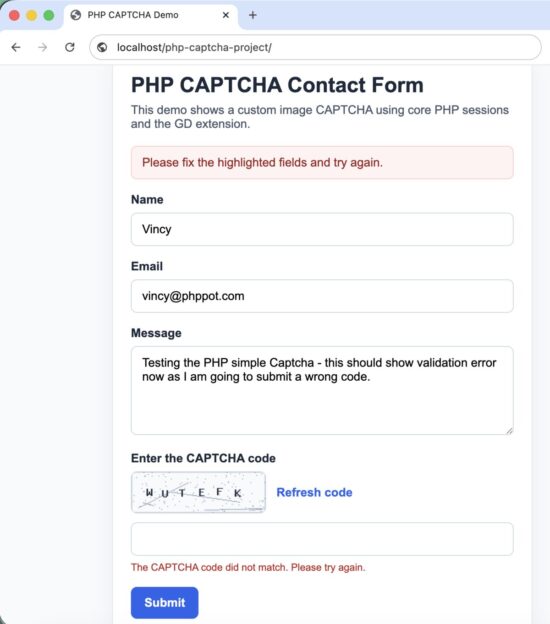 PHP CAPTCHA form showing validation error after incorrect code entry