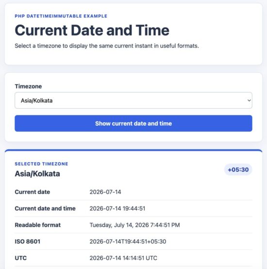 PHP current date and time output for Asia Kolkata timezone