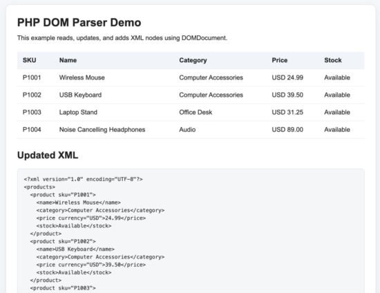 PHP DOM parser output showing updated XML product records