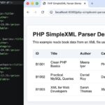 PHP SimpleXML parser output showing XML book records in a table