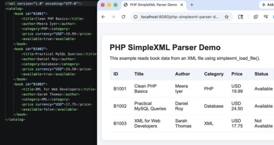 PHP SimpleXML parser output showing XML book records in a table