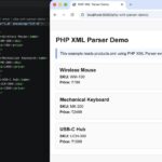 PHP XML parser output showing product data in a table