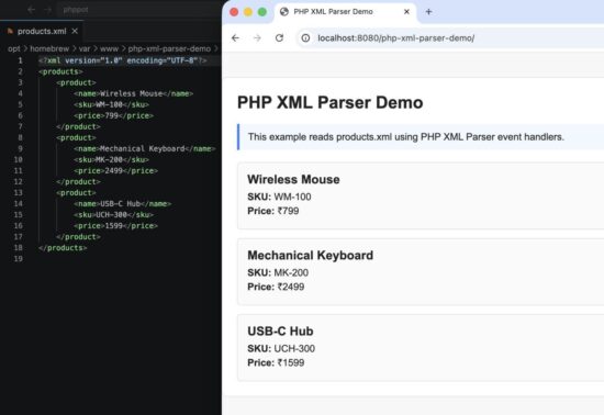 PHP XML parser output showing product data in a table