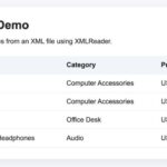 PHP XMLReader output showing product records in a table