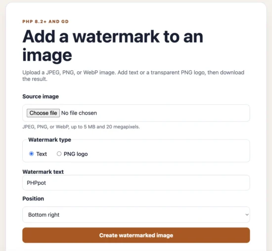 PHP GD watermark demo to upload image with a text watermark