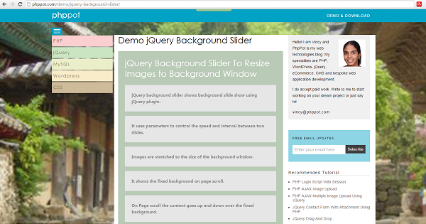jQuery Background Slider - Phppot