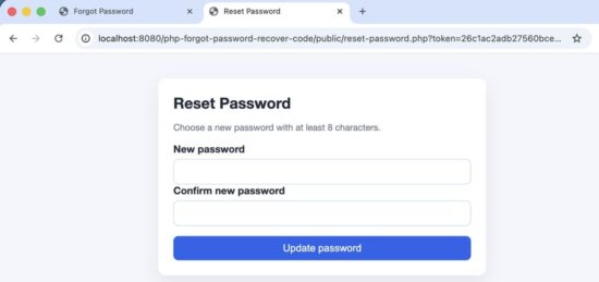 Reset password form in PHP