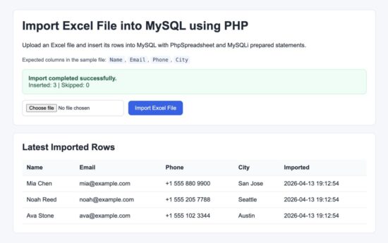 PHP Excel import form showing successful import result message