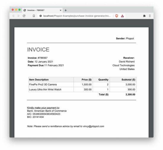 eCommerce Purchase Invoice PDF