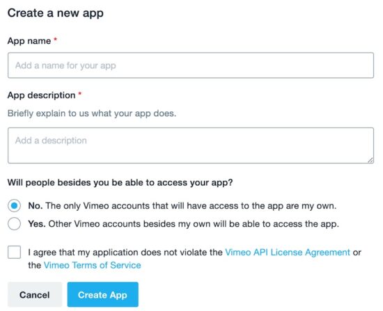 Vimeo Create App Form