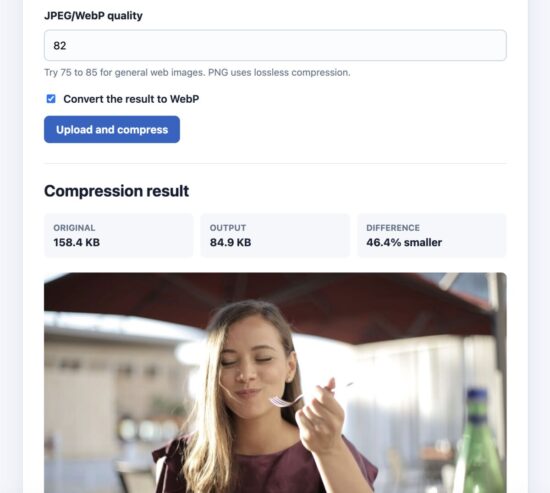 PHP GD image compression result showing original and output file sizes