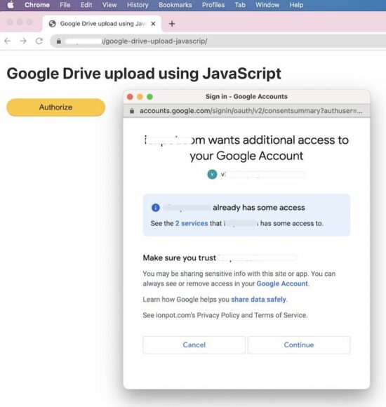 authorize and upload to google drive