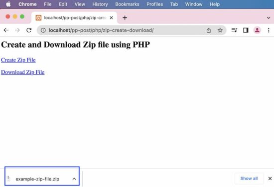 zip and download files using php