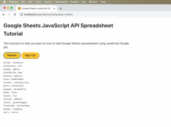 Hasil pembacaan api javascript Google Sheets