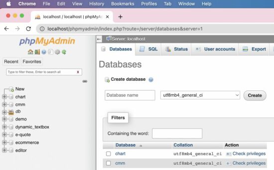 phpmyadmin create database