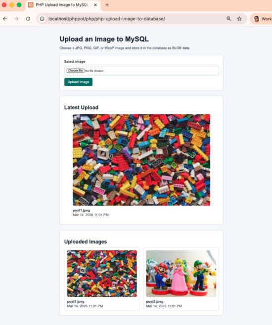 Upload image form and the stored image displayed from MySQL database