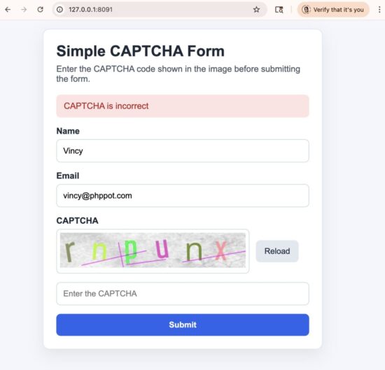 Laravel CAPTCHA validation error message example