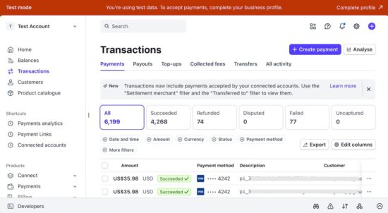 Stripe Dashboard Transaction Records