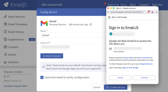 Permit EmailJS To Access Mail Account