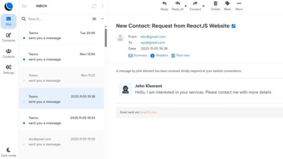 React Received Web Mail
